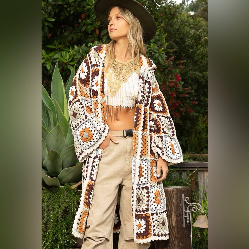 POL Geometric Crochet Coat in Brown and Cream